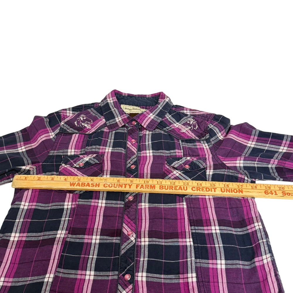 Bit & Bridle Womens Purple Plaid Western Snap Shirt Horse Embroidery Medium - Picture 3 of 8